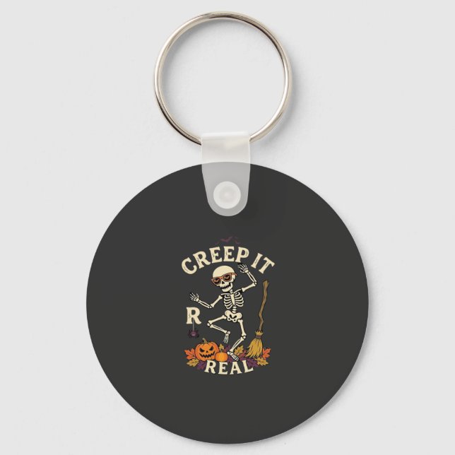 Creep It Real Dancing Skeleton Pumpkin Broom_1 Keychain (Front)
