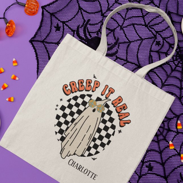 Creep It Real Funny Halloween Retro Ghost Name Tote Bag (Creator Uploaded)