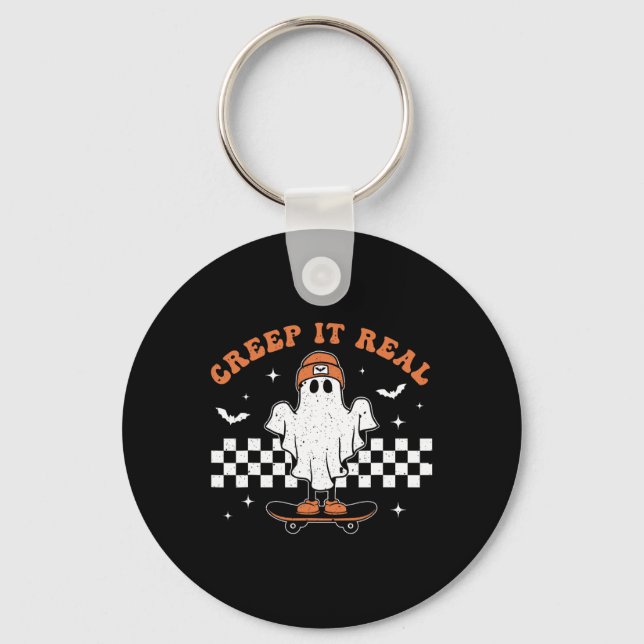 Creep It Real Ghost Skateboard Retro Cute Hallowee Keychain (Front)
