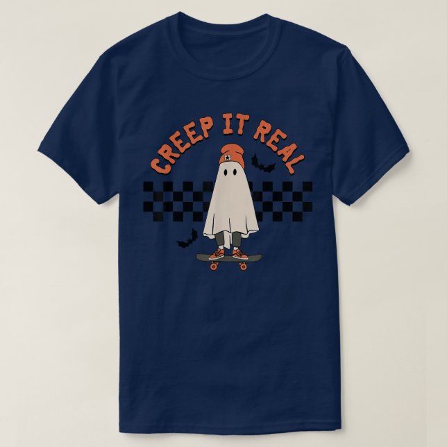 Creep it Real Ghost Skateboard Retro Cute Hallowee T-Shirt (Design Front)