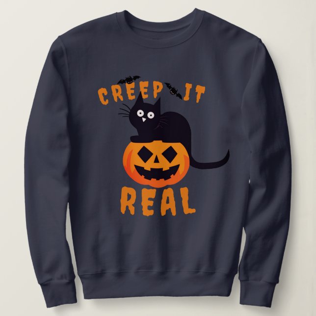 'Creep It Real' Graphic Print Halloween Black Cat Sweatshirt (Design Front)