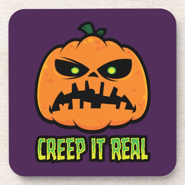 Creep It Real Grumpy Halloween Pumpkin Beverage Coaster (Front)