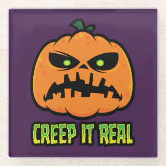 Creep It Real Grumpy Halloween Pumpkin Glass Coaster