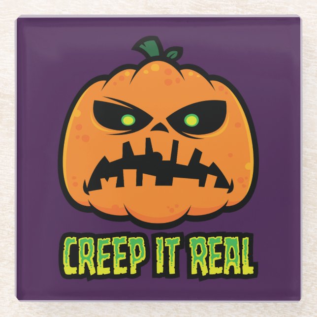 Creep It Real Grumpy Halloween Pumpkin Glass Coaster (Front)