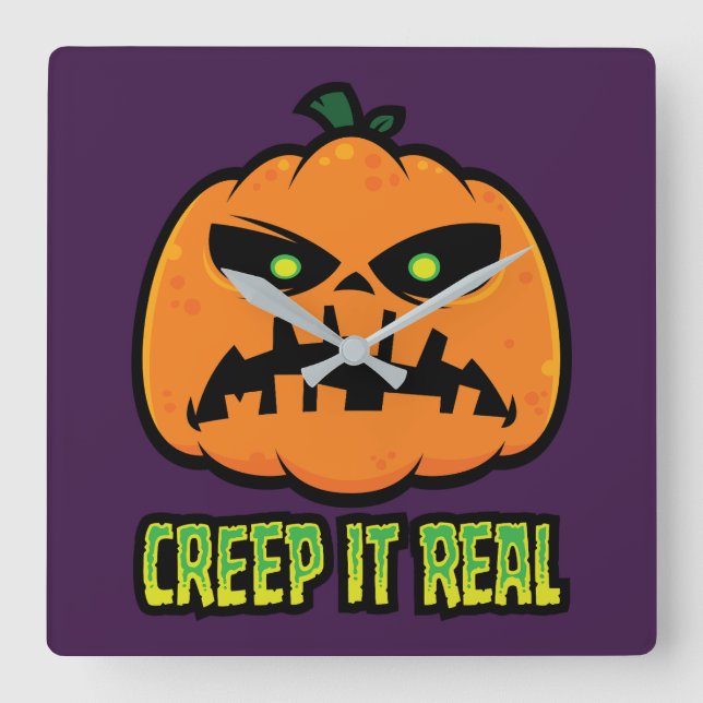Creep It Real Grumpy Halloween Pumpkin Square Wall Clock (Front)