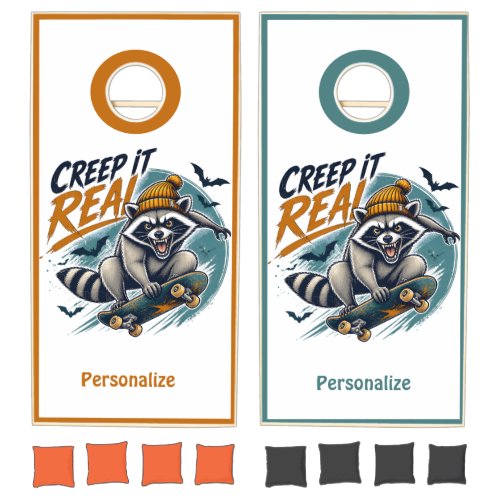 Creep It Real Halloween Raccoon Skateboard Art Cornhole Set
