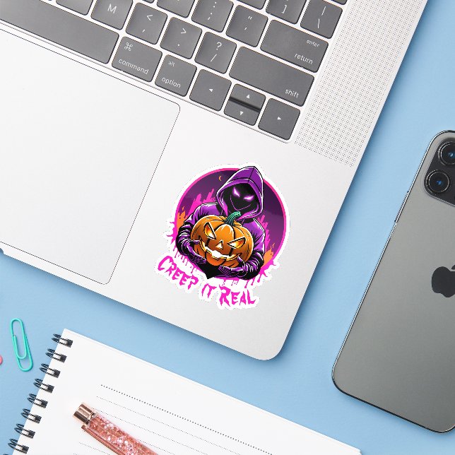 Creep it Real, Horror Halloween illustration Sticker (Laptop w/ iPhone)