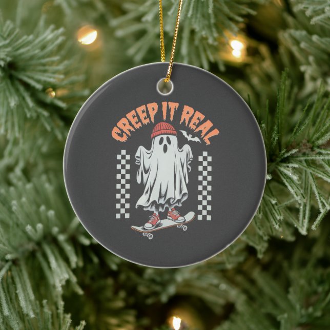 Creep It Real Retro Halloween Skate Ghost  Ceramic Ornament (Tree)