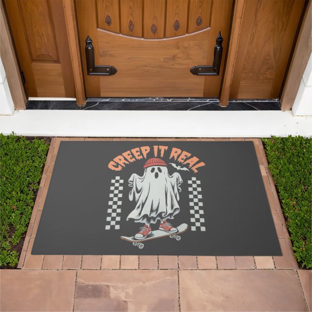 Creep It Real Retro Halloween Skate Ghost  Doormat (Outdoor)