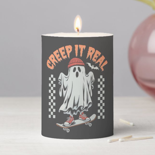 Creep It Real Retro Halloween Skate Ghost  Pillar Candle (In Situ)