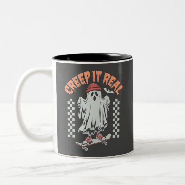 Creep It Real Retro Halloween Skate Ghost  Two-Tone Coffee Mug (Left)