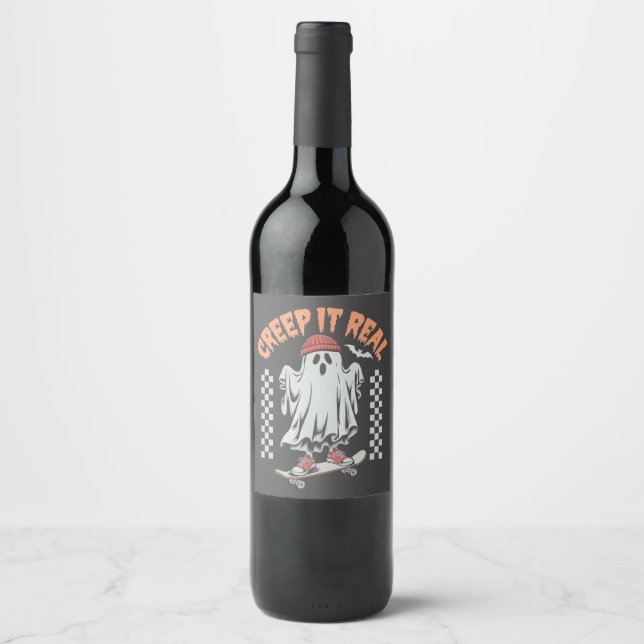 Creep It Real Retro Halloween Skate Ghost  Wine Label (Front)