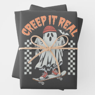 Creep It Real Retro Halloween Skate Ghost Wrapping Paper Sheets