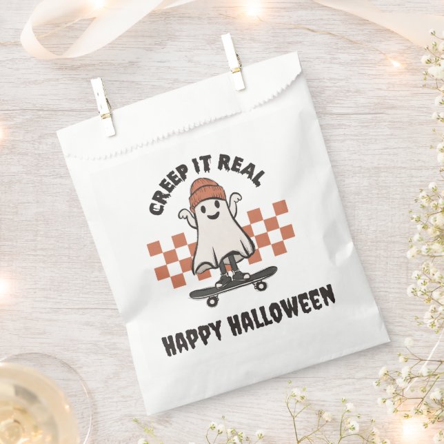 Creep it Real Skateboarding Ghost Happy Halloween Favor Bag (Clipped)
