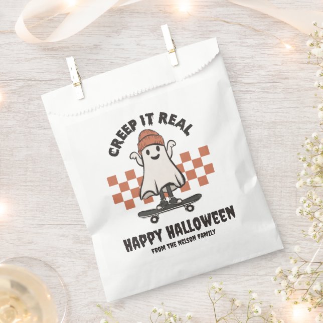 Creep it Real Skateboarding Ghost Happy Halloween Favor Bag (Clipped)