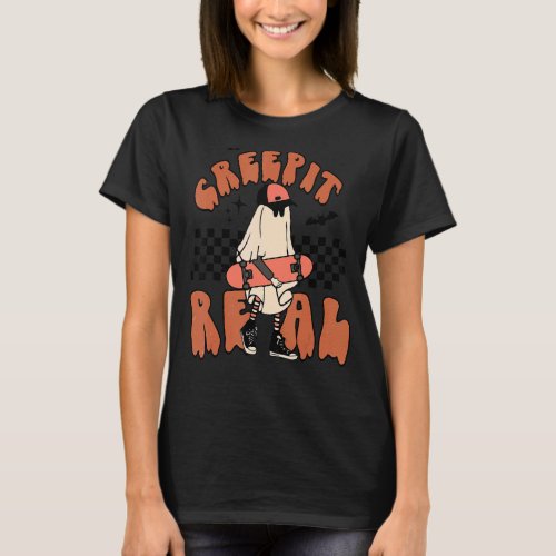 Creep It Real Skateboarding Ghost Retro Halloween  T_Shirt