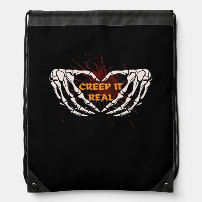Creep It Real Skeleton Heart Hands Design Drawstring Bag (Front)