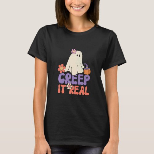 Creep It Real Women Groovy Halloween Peace Sign Gh T_Shirt