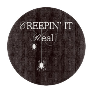 Creepin' It Real Black & White Halloween Spider Cutting Board