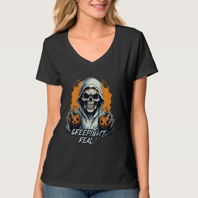 Creepin' It Real Skeleton and Jack-o-Lanterns Hall T-Shirt (Front)