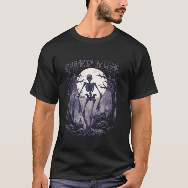 Creepin It Real Spooky Skeleton Haunted Forest Hal T-Shirt (Front)