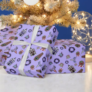 Creepmas Purple Pattern w/ Skulls, Haunted House   Wrapping Paper