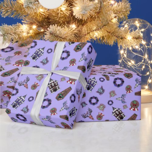 Creepmas Purple Pattern w Skulls Haunted House   Wrapping Paper