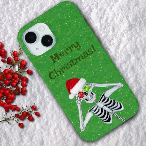 Creepmas Skeleton Santa Hat Ornaments on Green iPhone 15 Case