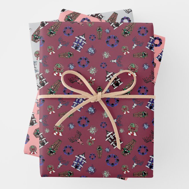 Creepmas w/ Haunted House, Skulls, Wreaths, Coffin Wrapping Paper Sheets (In situ)