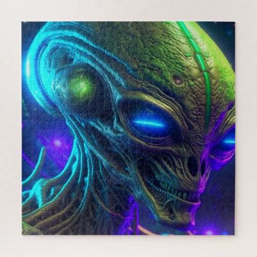 Creepy Alien Head with Glowing Blue Eyes Jigsaw Puzzle