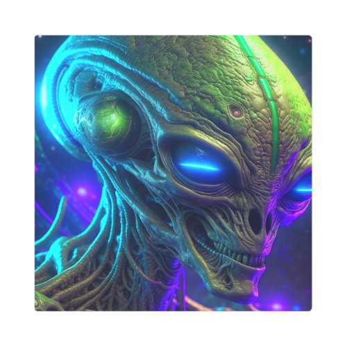 Creepy Alien Head with Glowing Blue Eyes Metal Print