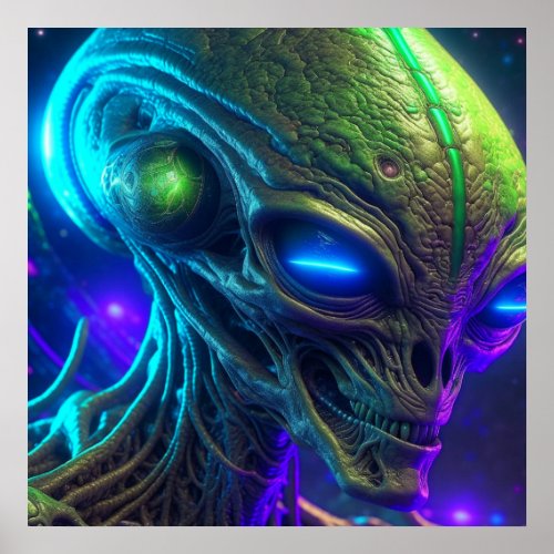 Creepy Alien Head with Glowing Blue Eyes Poster