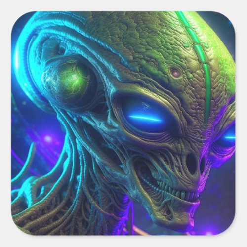 Creepy Alien Head with Glowing Blue Eyes Square Sticker