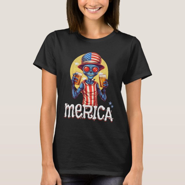 Creepy Alien July 4th Drinking Beer Merica USA T-Shirt (Front)