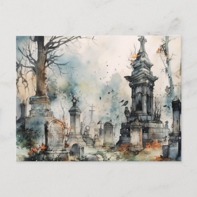 Creepy and Beautiful Gray Cemetery Halloween Holiday Postcard (Front)