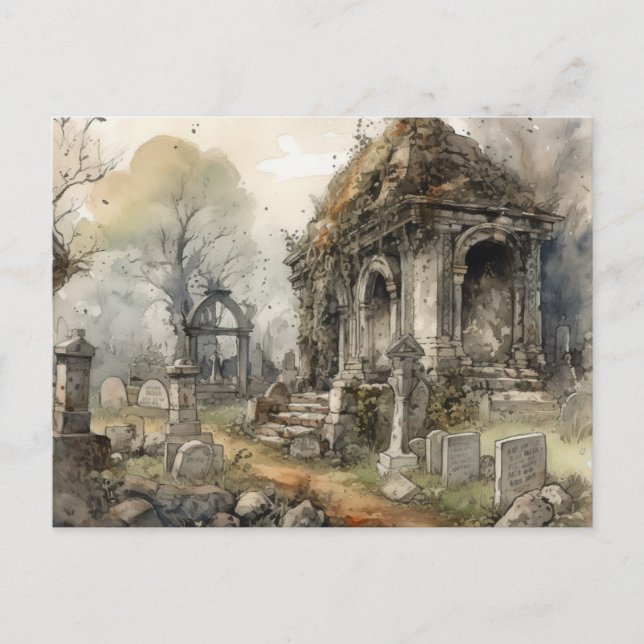 Creepy and Beautiful Gray Cemetery Halloween Holiday Postcard (Front)