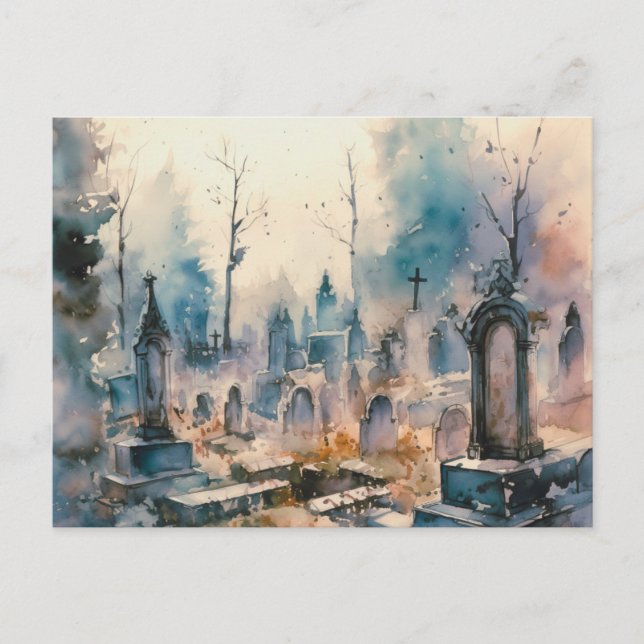 Creepy and Beautiful Gray Cemetery Halloween Holiday Postcard (Front)