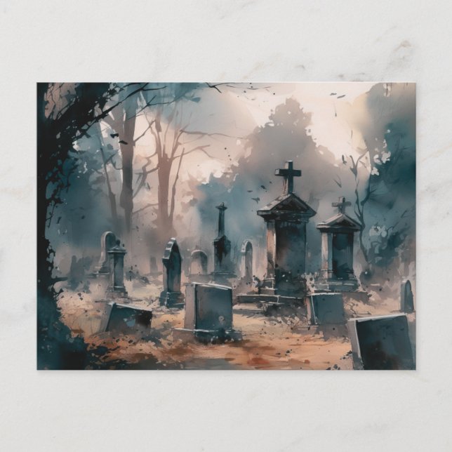 Creepy and Beautiful Gray Cemetery Halloween Holiday Postcard (Front)