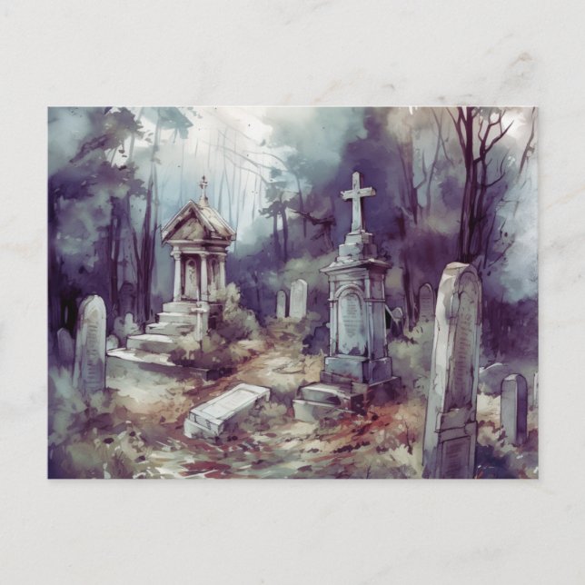 Creepy and Beautiful Gray Cemetery Halloween Holiday Postcard (Front)