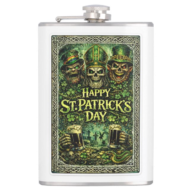 Creepy and Dark St.Patrick's Day design Flask (Front)