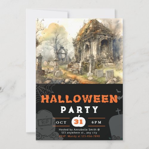 Creepy and Scary Cemetery Black Halloween Invitation