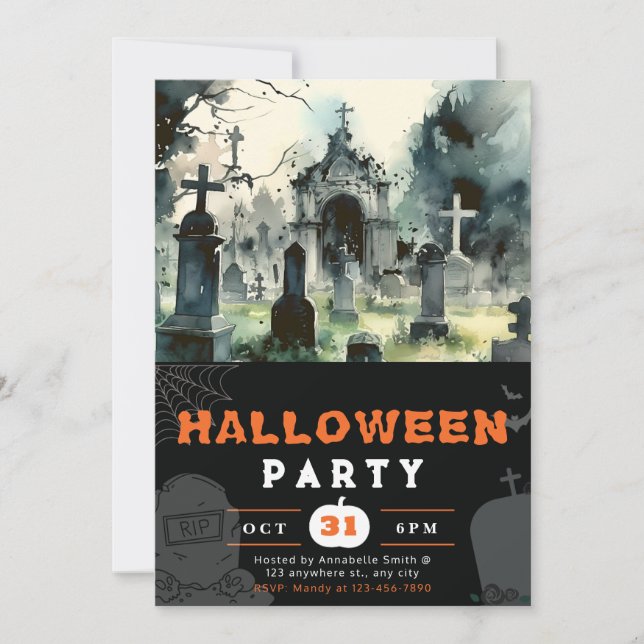 Creepy and Scary Cemetery Black Halloween Invitation (Front)
