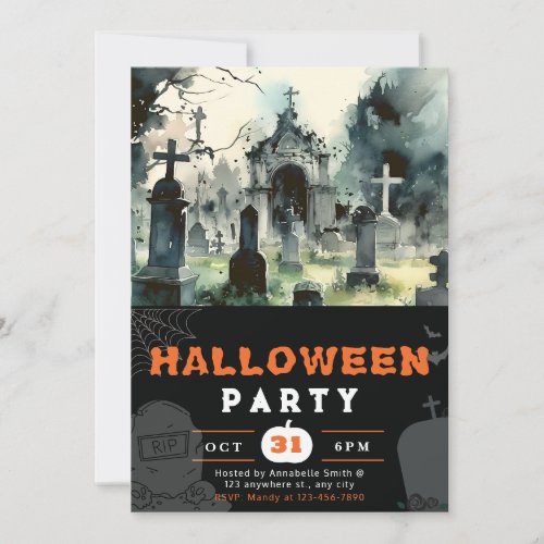 Creepy and Scary Cemetery Black Halloween Invitation