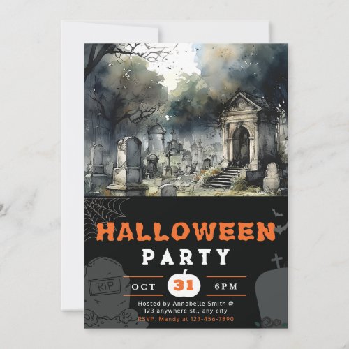 Creepy and Scary Cemetery Black Halloween Invitation