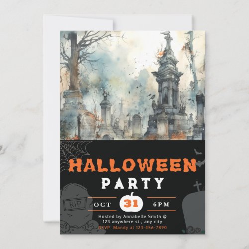 Creepy and Scary Cemetery Black Halloween Invitation