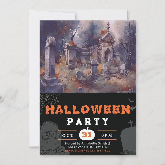 Creepy and Scary Cemetery Black Halloween Invitation (Front)