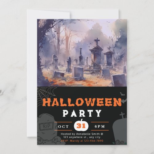 Creepy and Scary Cemetery Black Halloween Invitation