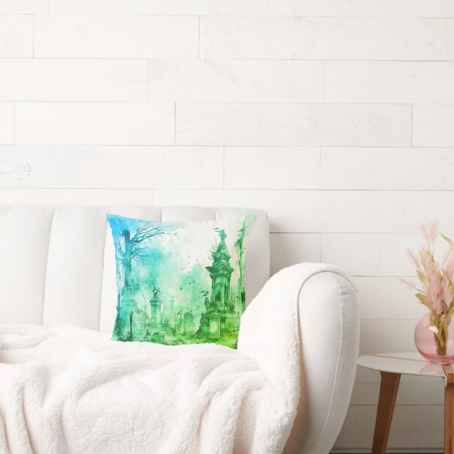 Creepy and Spooky Cemetery Green & Blue Halloween Throw Pillow (Couch)