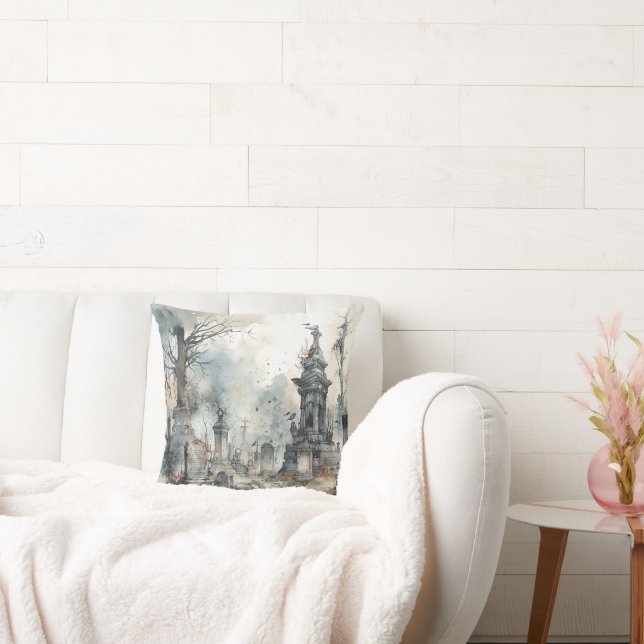 Creepy and Spooky Cemetery Halloween Throw Pillow (Couch)