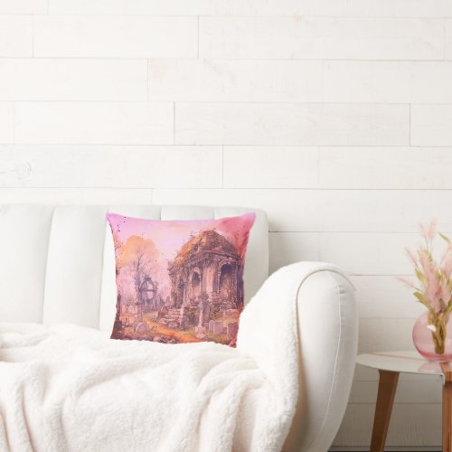 Creepy and Spooky Cemetery Pink Halloween Throw Pillow